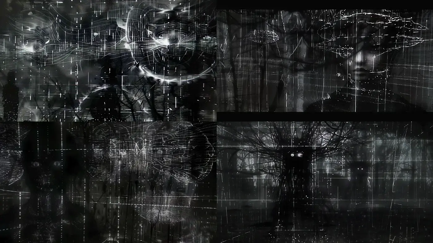 Gleaming Cybernetic Nocturnes: Digital Impressionism in a Monochrome Matrix - Midjourney sref style