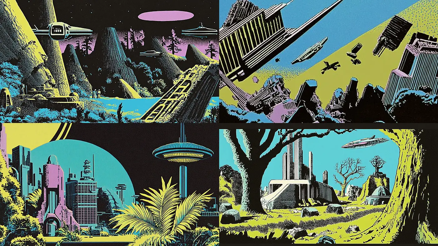 Retrofuturistic Odyssey: A Homage to Vintage Sci-Fi Illustrations - Midjourney sref style