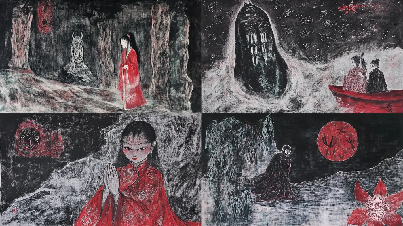 Ethereal Nocturnes: A Haunting Red and Black Dreamscape - Midjourney sref style