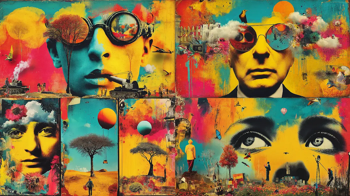 Vibrant and Surreal Artmastery with Collaged Visuals - Midjourney sref style