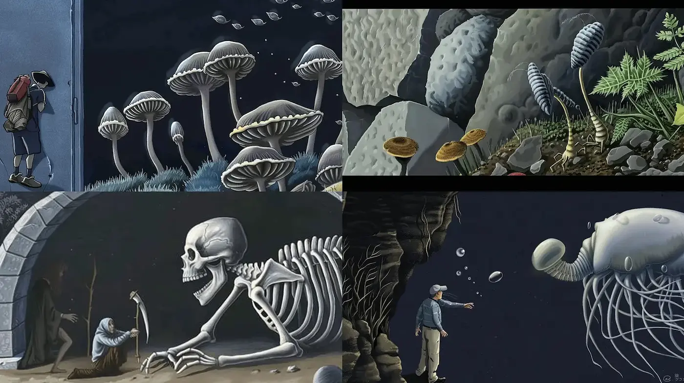 Surreal Exploration with Organic Elements and Macabre Undertones - Midjourney sref style