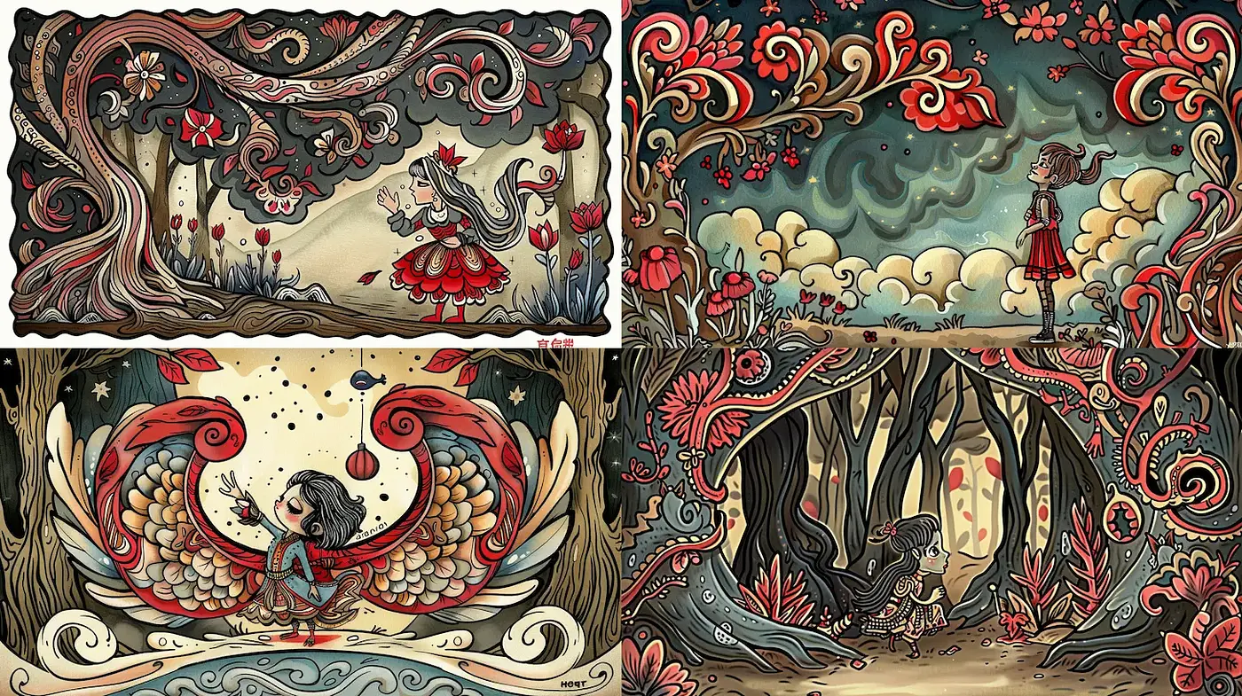 Whimsical and Enigmatic Illustrations with a Rich Storybook Quality - Midjourney sref style