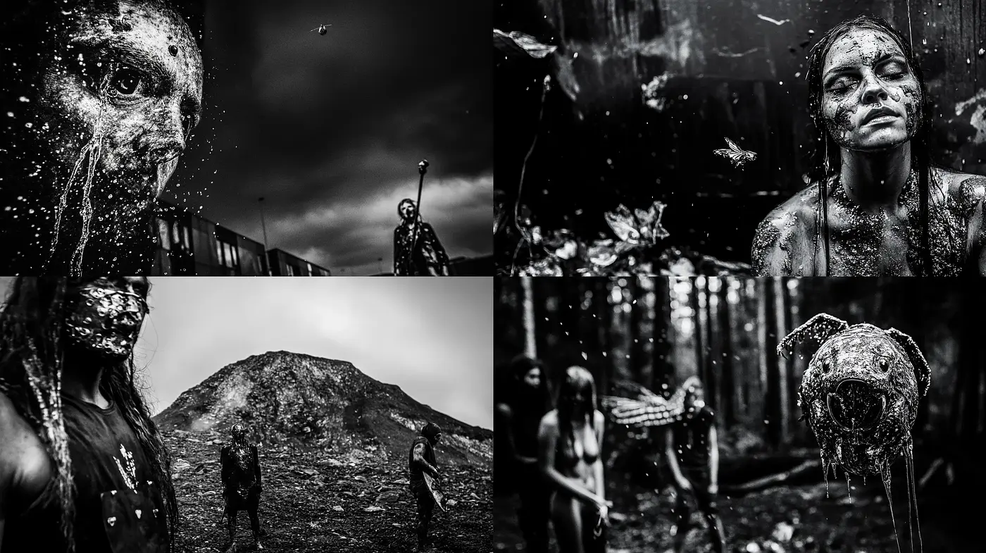 Monochrome Melancholia: A Homage to Dark Surrealism and Abstract Expressionism - Midjourney sref style