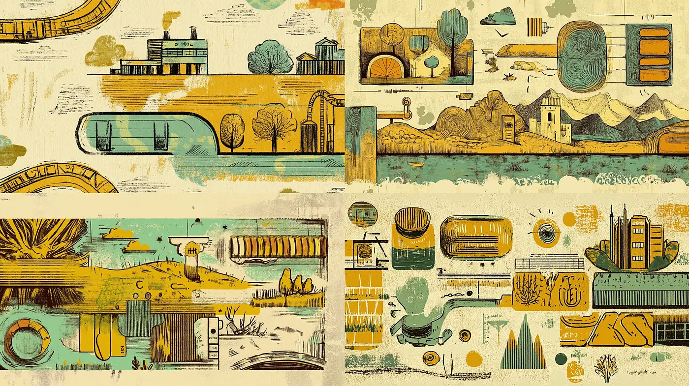 Retro Stylized Pastoral Vistas: A Textured Tapestry of Vintage Hues and Serene Landscapes - Midjourney sref style