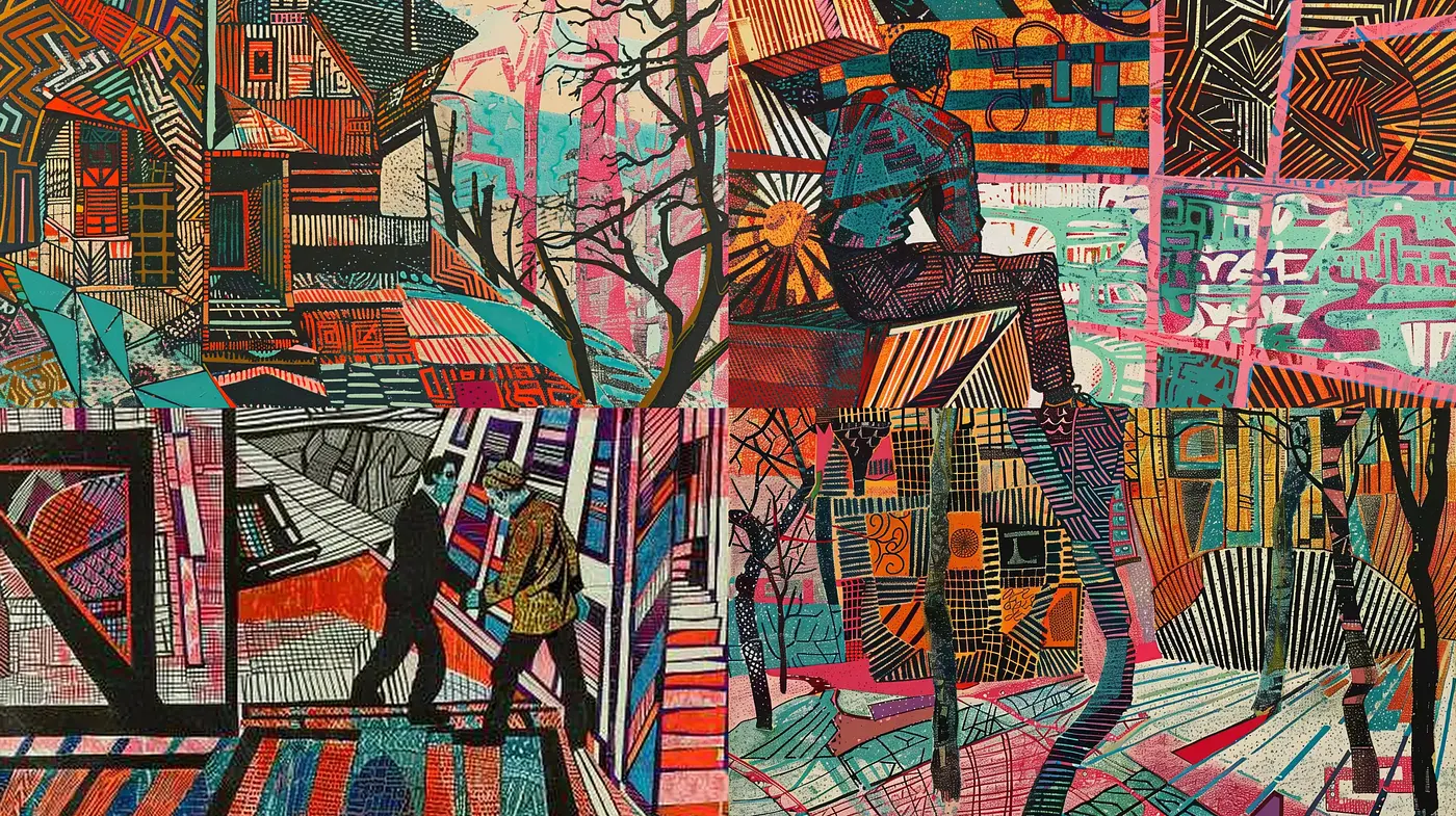 Eclectic Tapestry of Linear Textures and Vintage Tones - Midjourney sref style