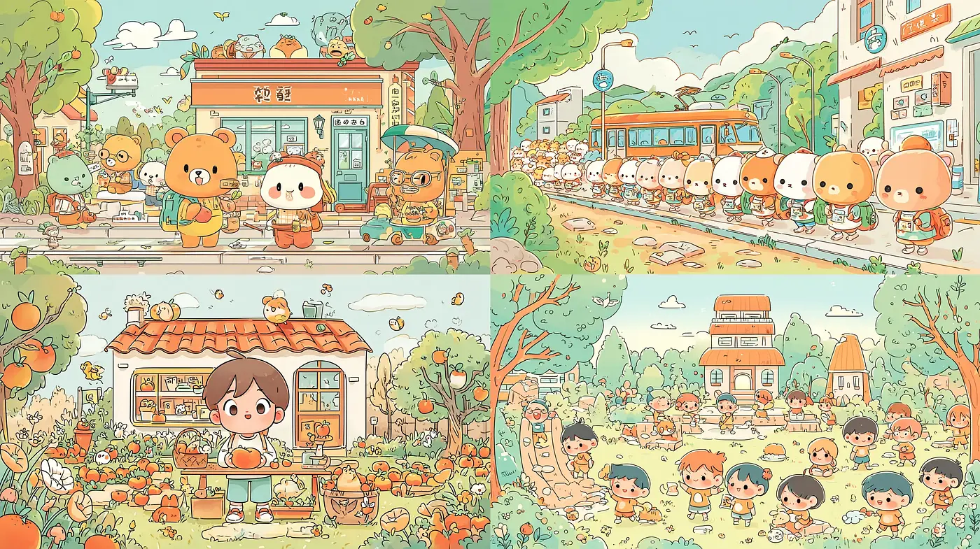 Charming and whimsical illustration style with a cohesive narrative environment - Midjourney sref style
