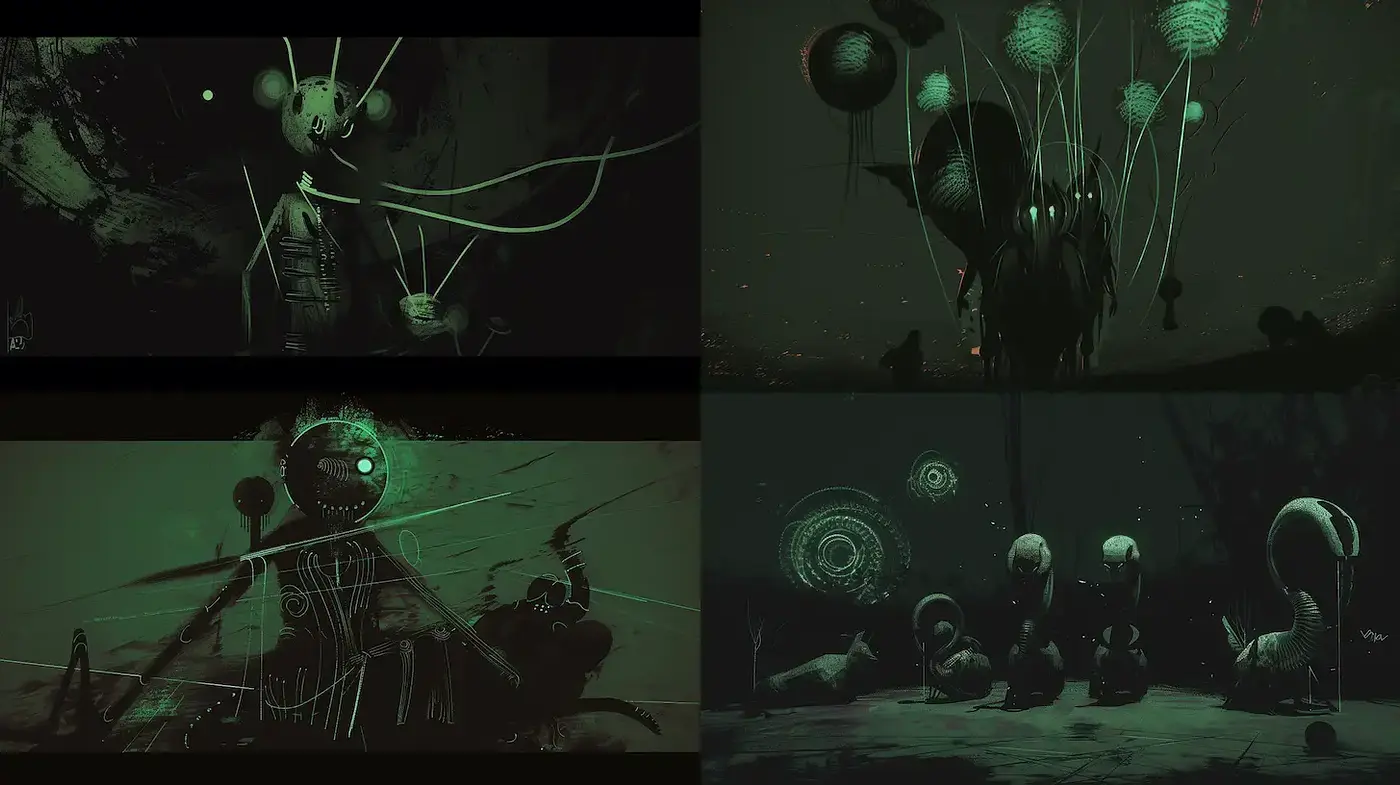 Dark, surreal exploration of whimsical creatures in an eerie landscape - Midjourney sref style