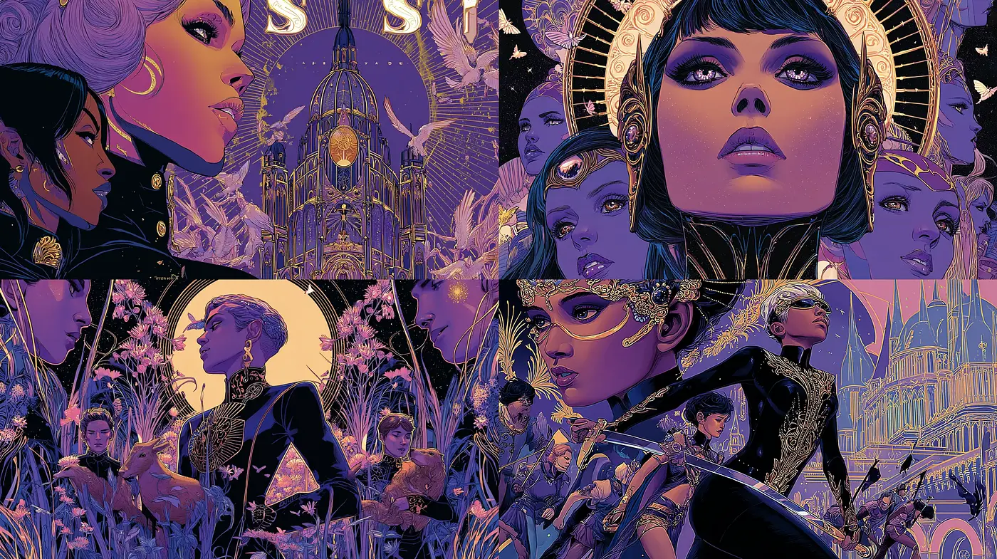 Elegant, elaborate art with a captivating mystical essence and retro-futuristic flair - Midjourney sref style