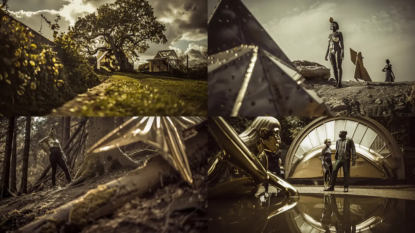 Sepia-toned Cinematic Sights with Surreal Elements and Textured Overtones - Midjourney sref style