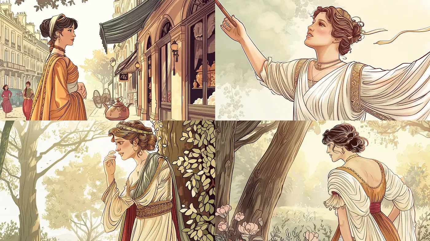 Elegant and graceful depiction of women in a vintage, narrative style - Midjourney sref style