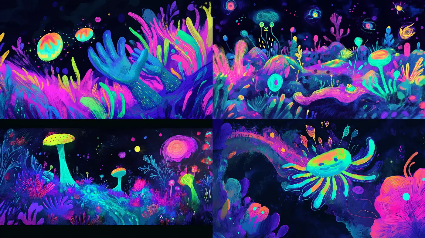 Luminescent Dreamscape: A Vibrant Convergence of Neon and Nature - Midjourney sref style