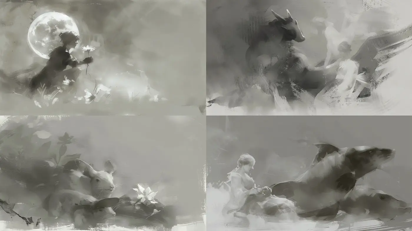 Monochromatic Ethereal Dreamscapes in Brushstroke Textures - Midjourney sref style