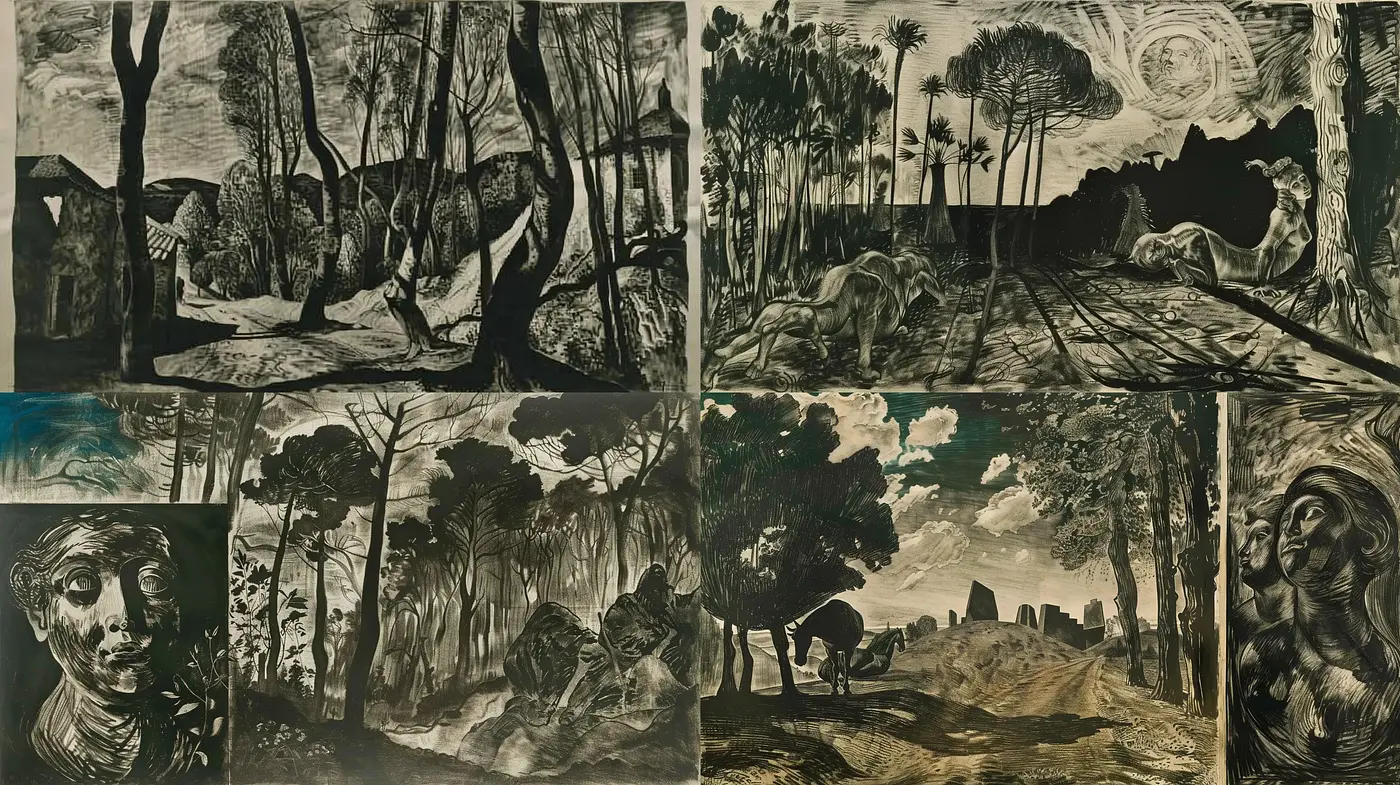 Monochrome Narrative Vignettes with Expressive Line Art - Midjourney sref style