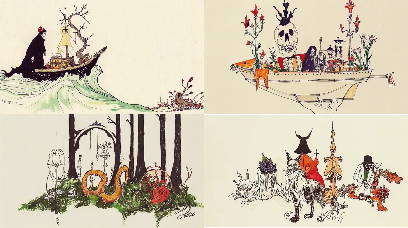 Fanciful Ink-Drawn Allegories with Surrealist Elements - Midjourney sref style