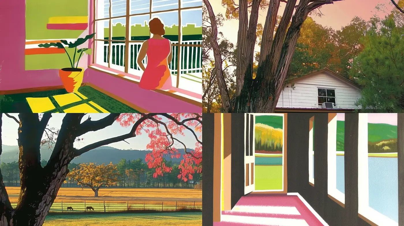 Serenity in Stylized Pastoral Scenes: A Consistent Vision of Simplified Elegance - Midjourney sref style