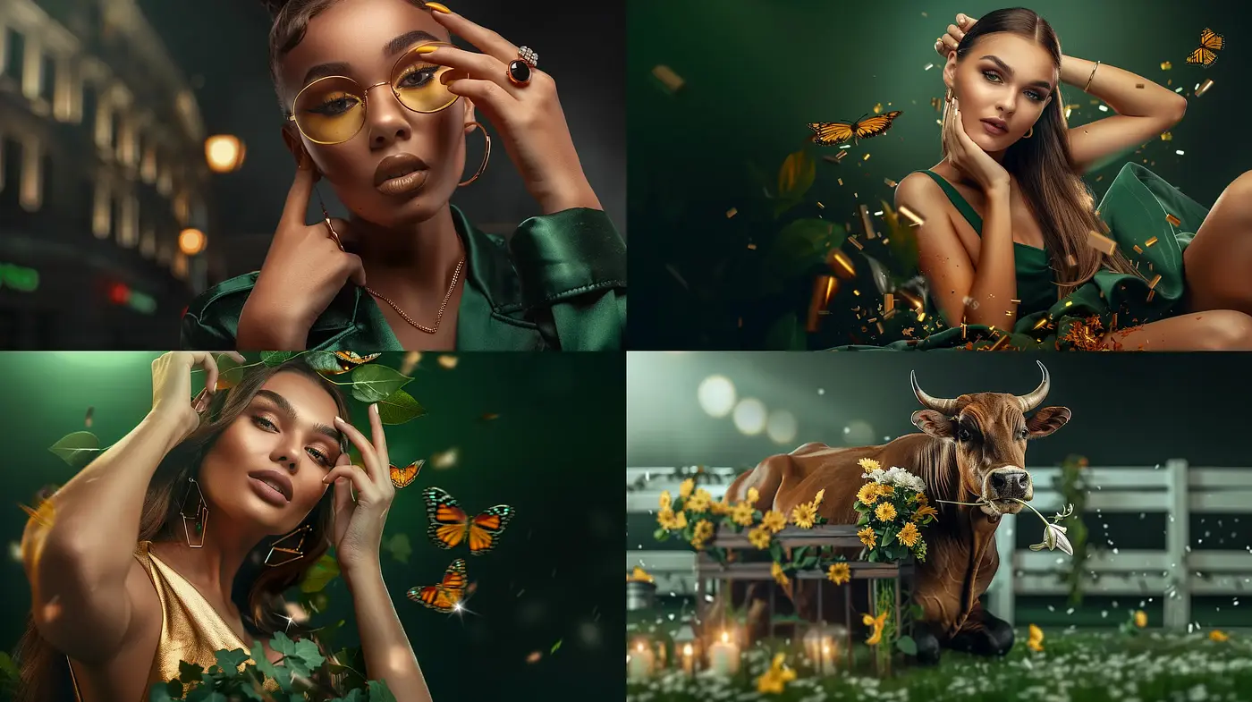 Lush Verdance: A Study in Emerald Hues and Butterflies - Midjourney sref style