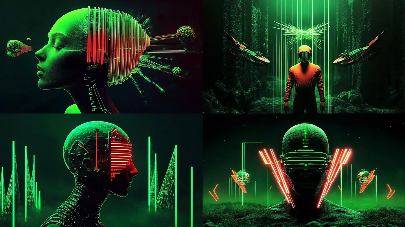 Neon Cybernetic Dreamscape: A Fusion of Digital Neon Noir and Sci-Fi - Midjourney sref style