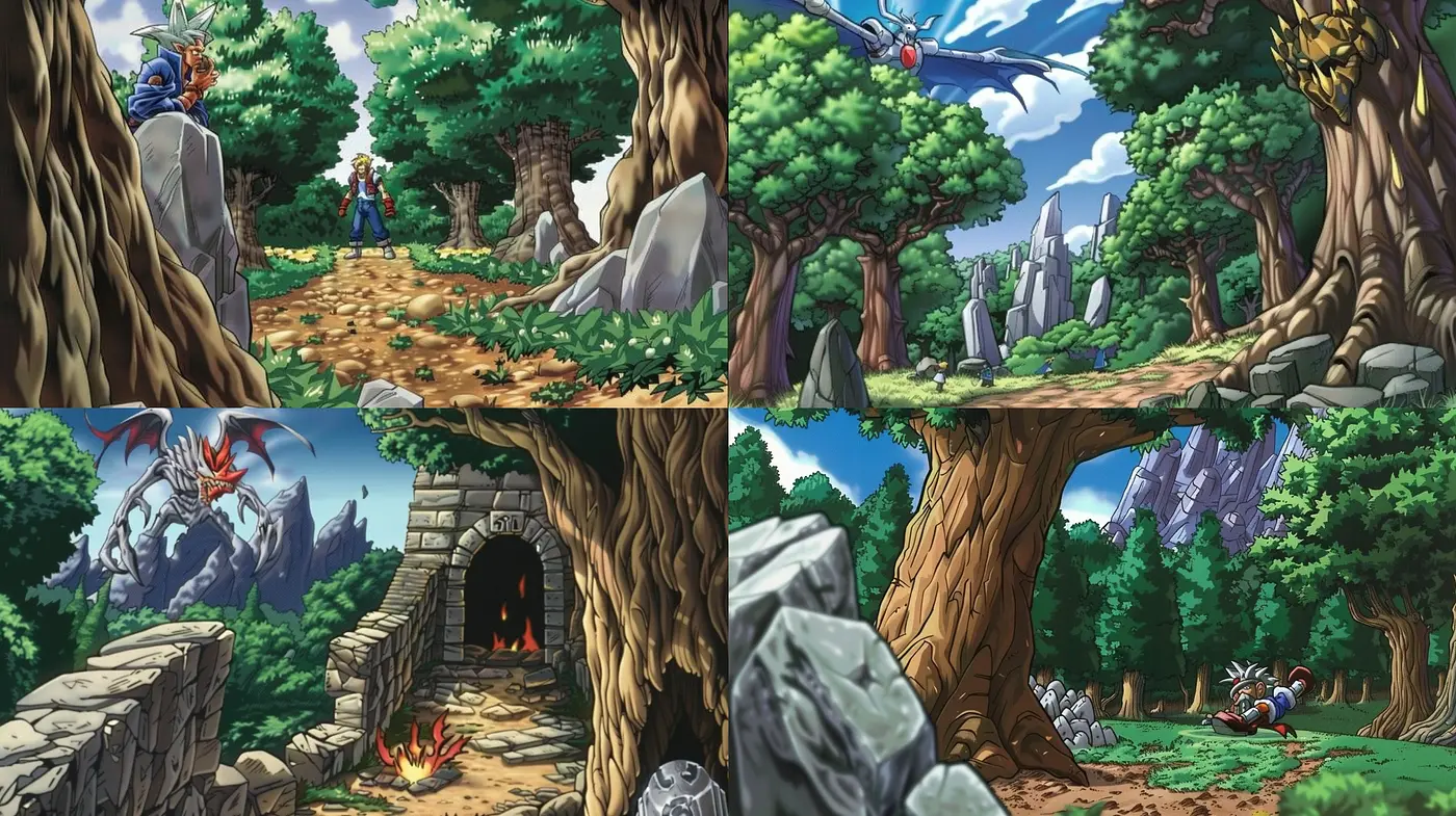 Enchanted Forest Adventures in Vivid Anime Style Illustration - Midjourney sref style