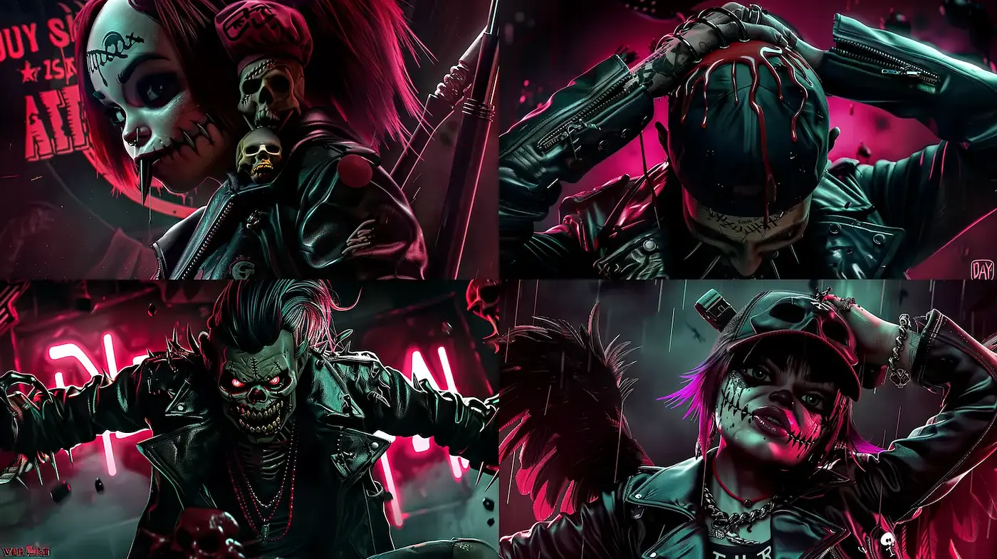 Darkly Vibrant Punk Aesthetic with Skulls and Neon Elements - Midjourney sref style