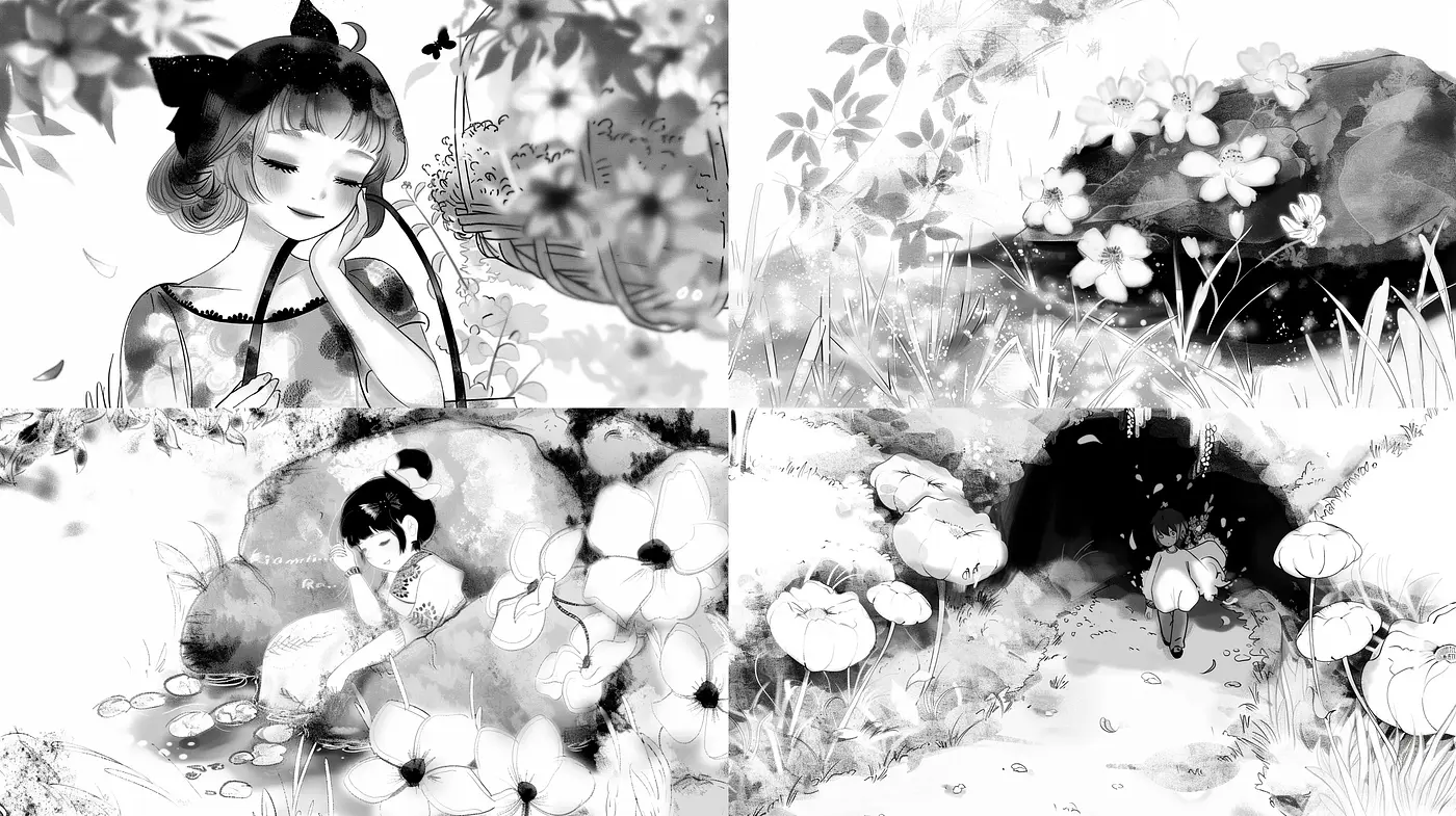 Ethereal Monochrome Ink-Wash Dreamscape - Midjourney sref style