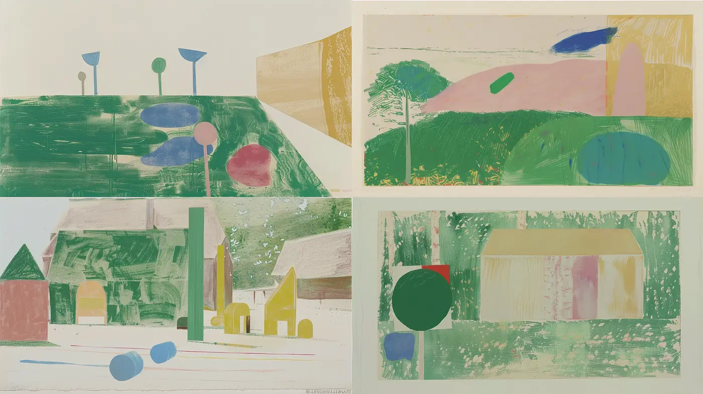 Abstract Pastoral Impressions with a Harmonious Mid-Century Palette - Midjourney sref style