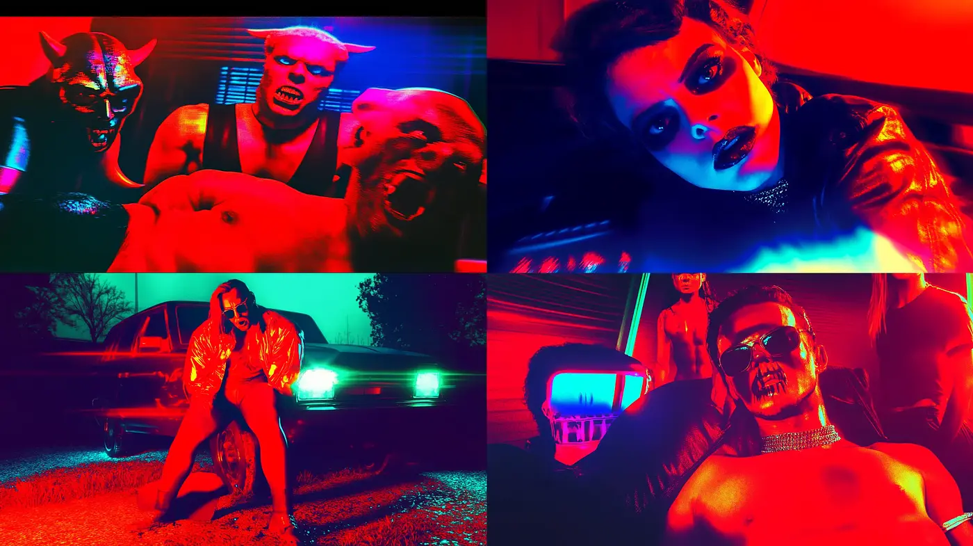 Neon Noir Nightscape: A Fusion of Vibrant Retro-Futurism - Midjourney sref style