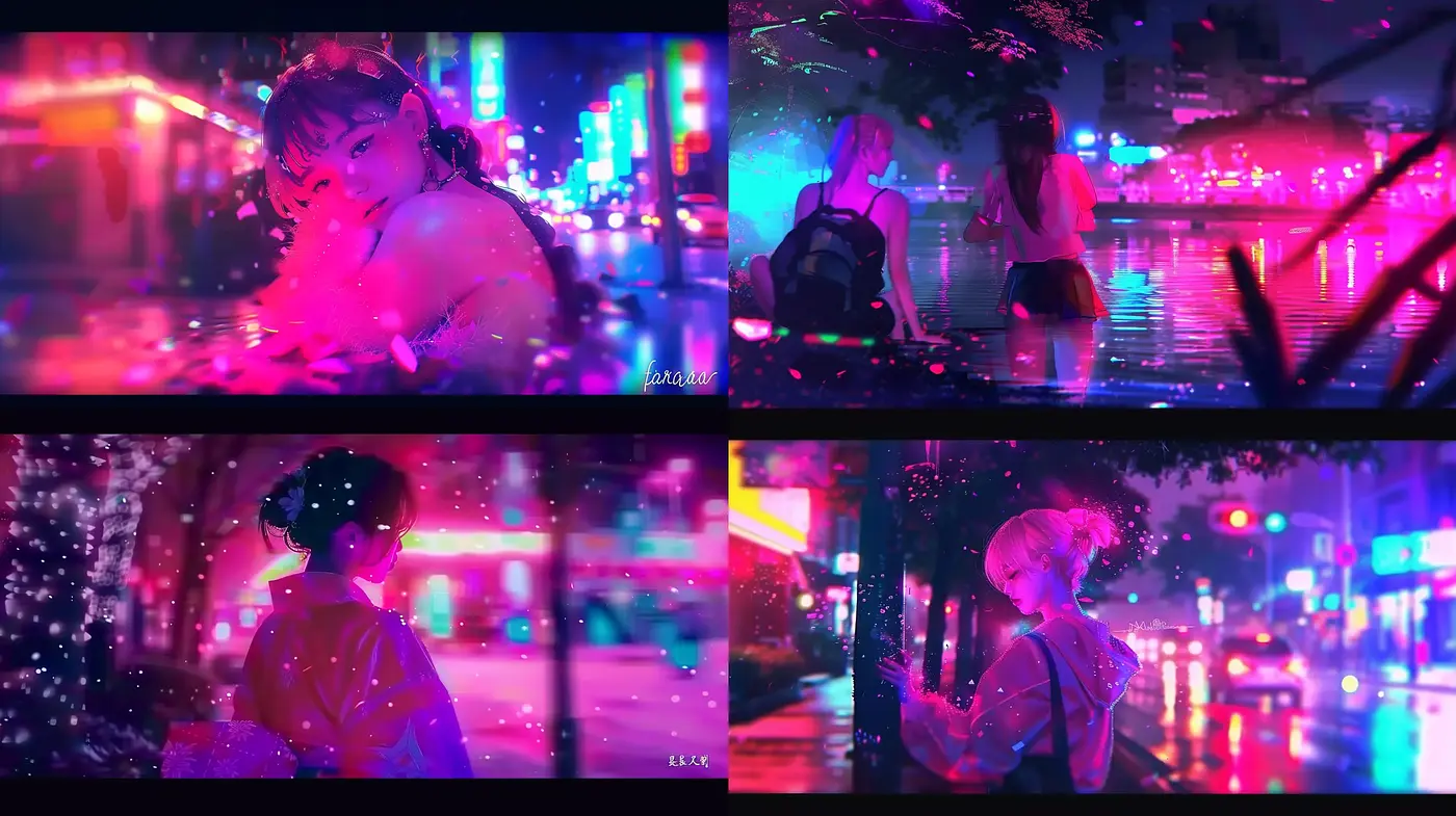 Neon Drenched Nightscape with Cyberpunk Overtones - Midjourney sref style