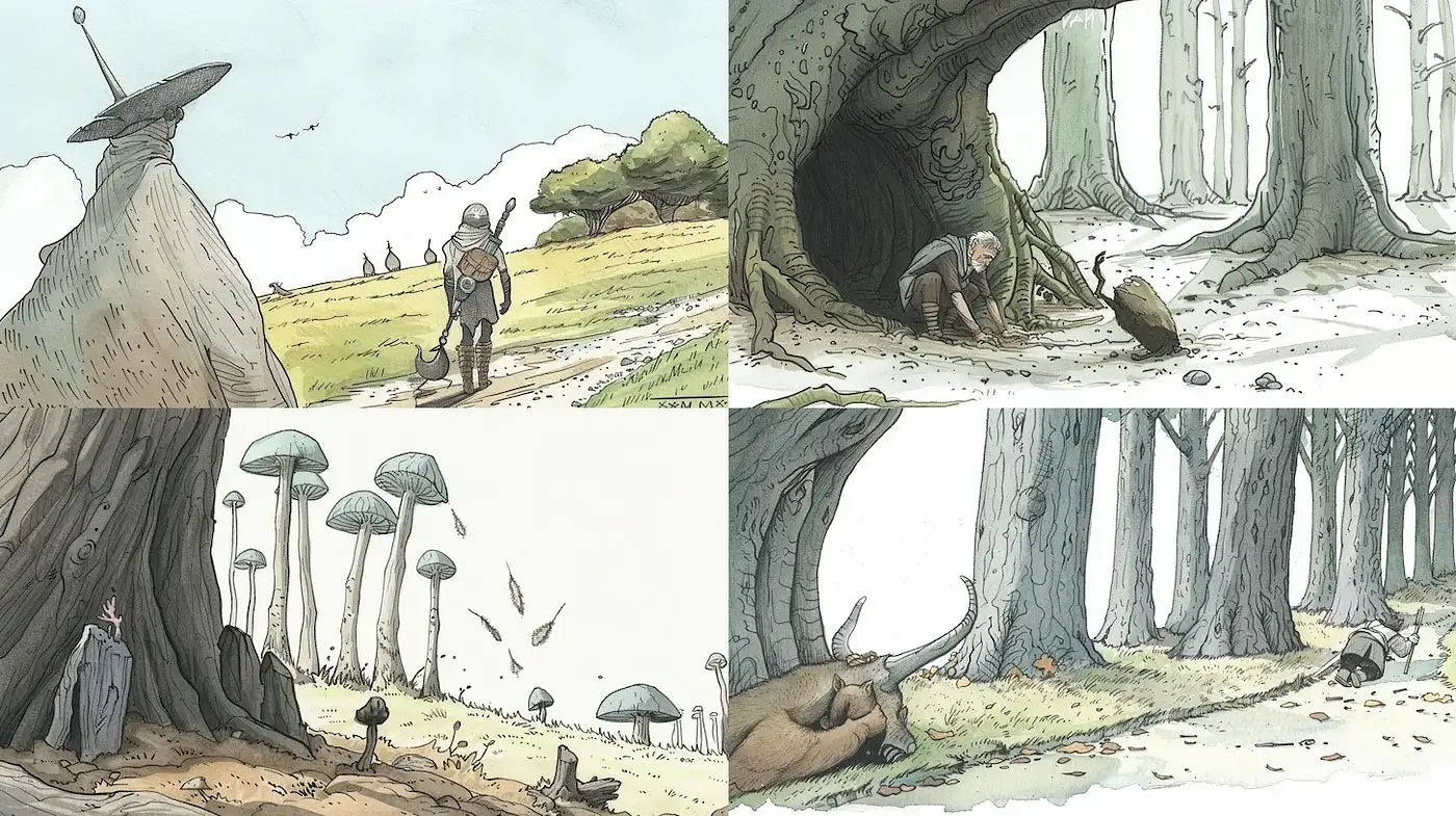 Whimsical and Ethereal Illustrations Evoking a Dreamlike Forest Adventure - Midjourney sref style