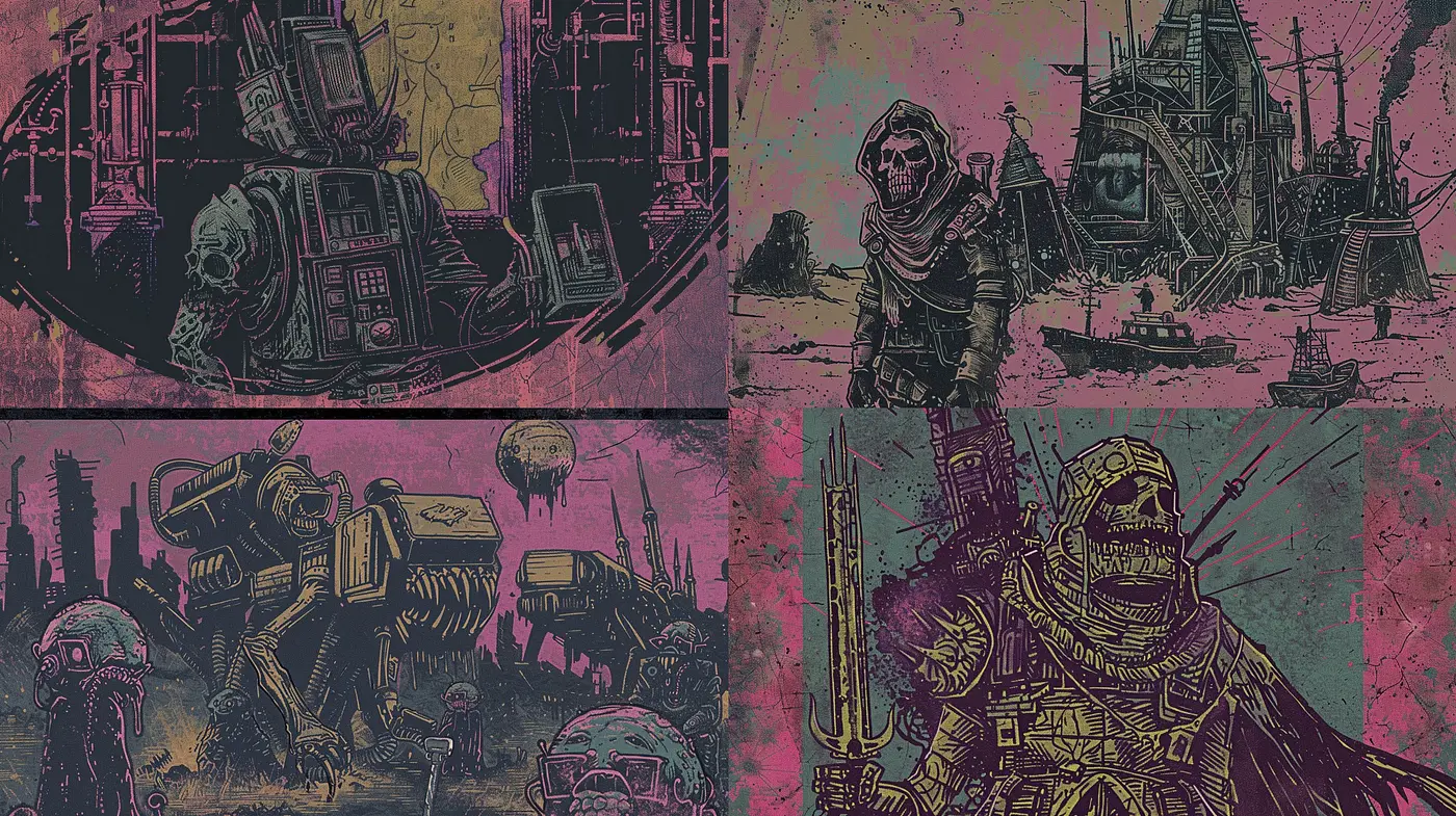 Gritty Dystopian Vistas: An Abstracted Journey Through Stylized Decay and Technological Anachronism - Midjourney sref style