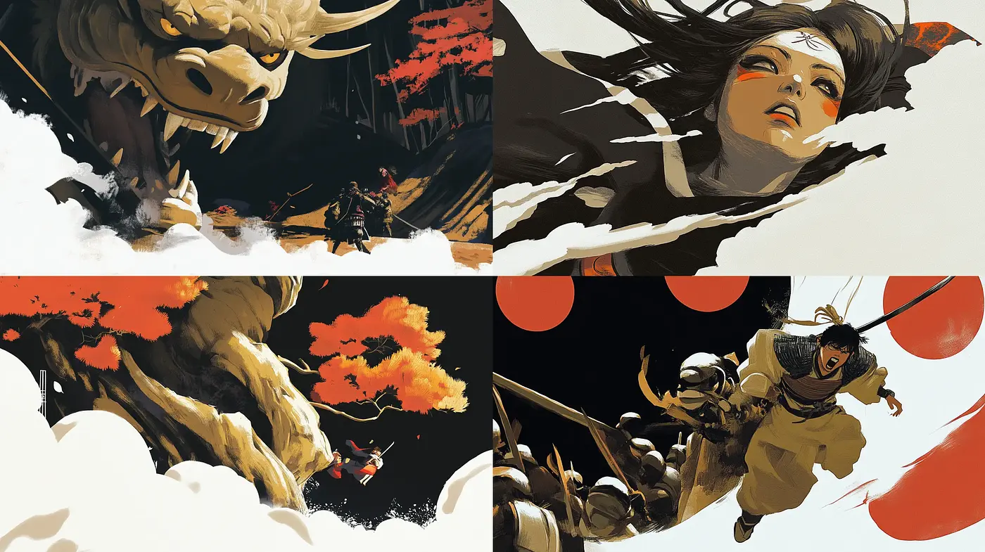Dynamic Brushwork and Epic Composition Inspired by Classical East Asian Art - Midjourney sref style