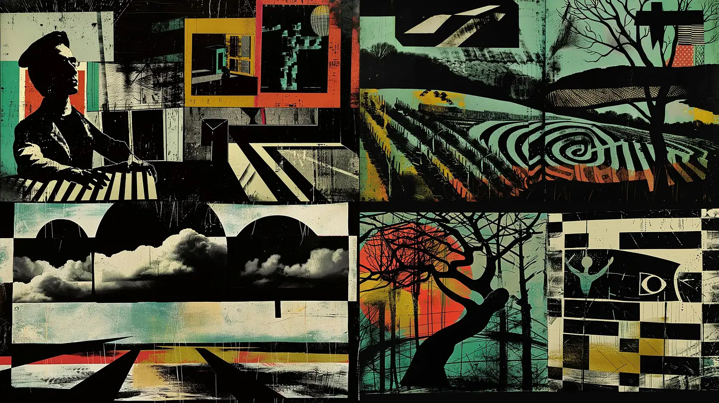 Noir-Inspired Collage of Stylized Nature and Silhouettes - Midjourney sref style
