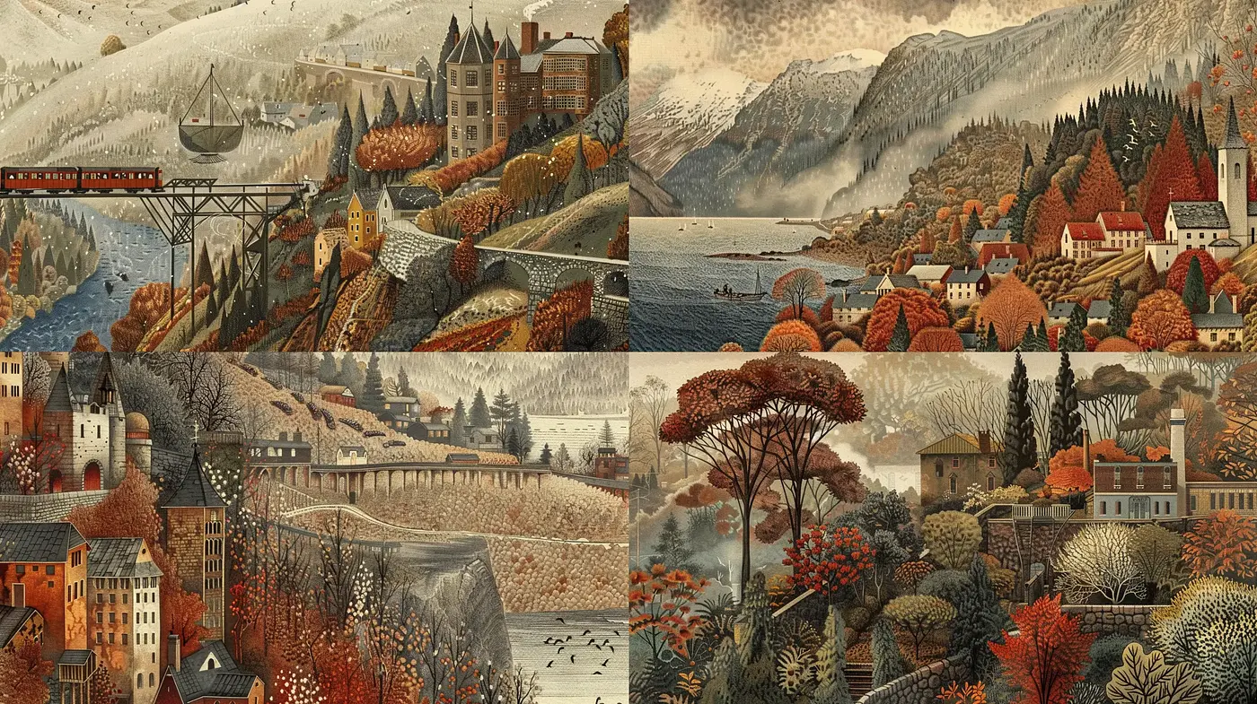 Autumnal Hues in Nostalgic Storybook Illustrations - Midjourney sref style