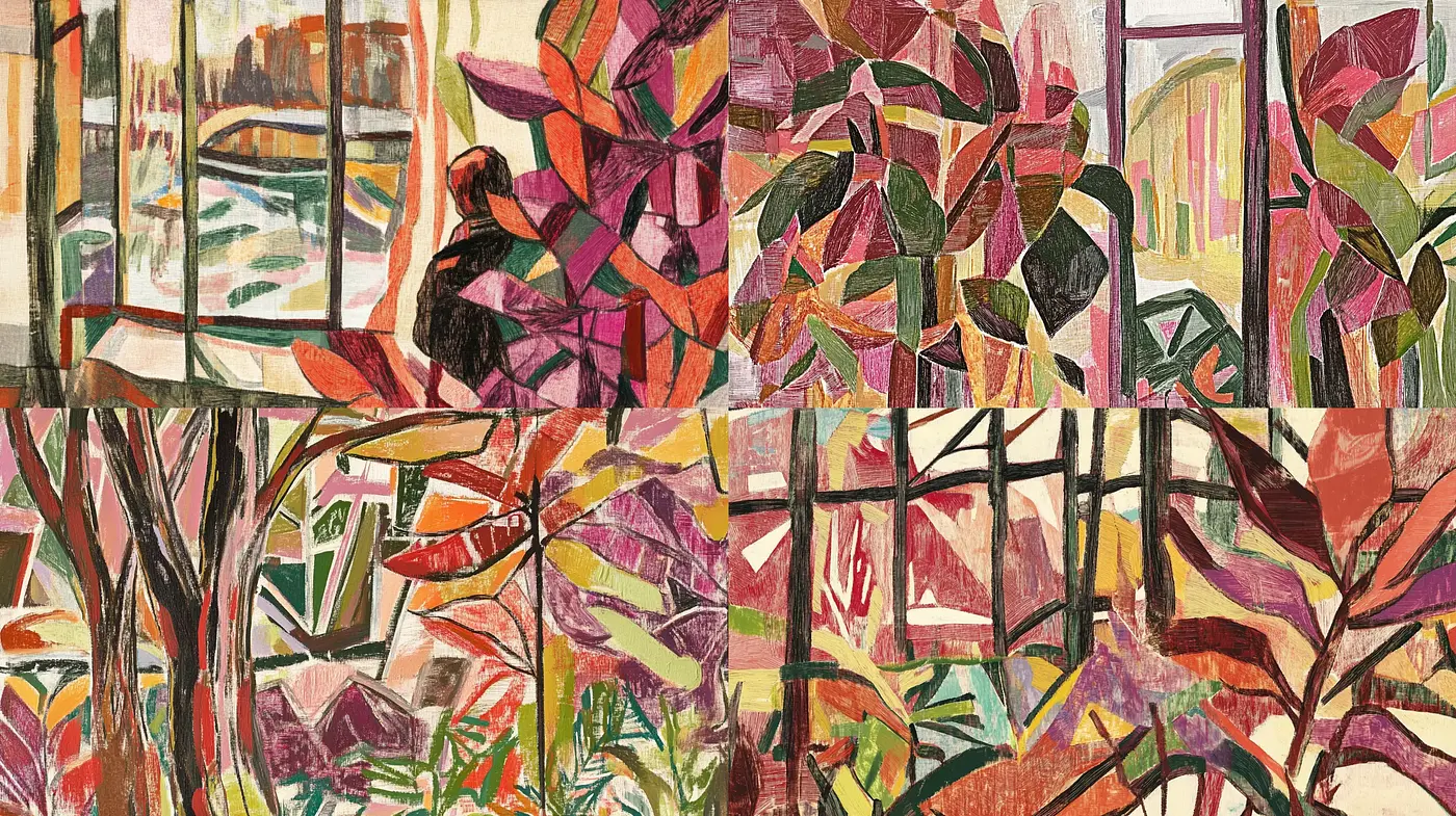 Abstract Botanical Mosaic: A Cohesion of Fragmented Nature in Art - Midjourney sref style