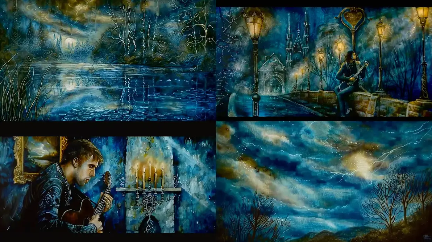 Mysterious and Romantic Atmosphere in Deep Blue Hues - Midjourney sref style