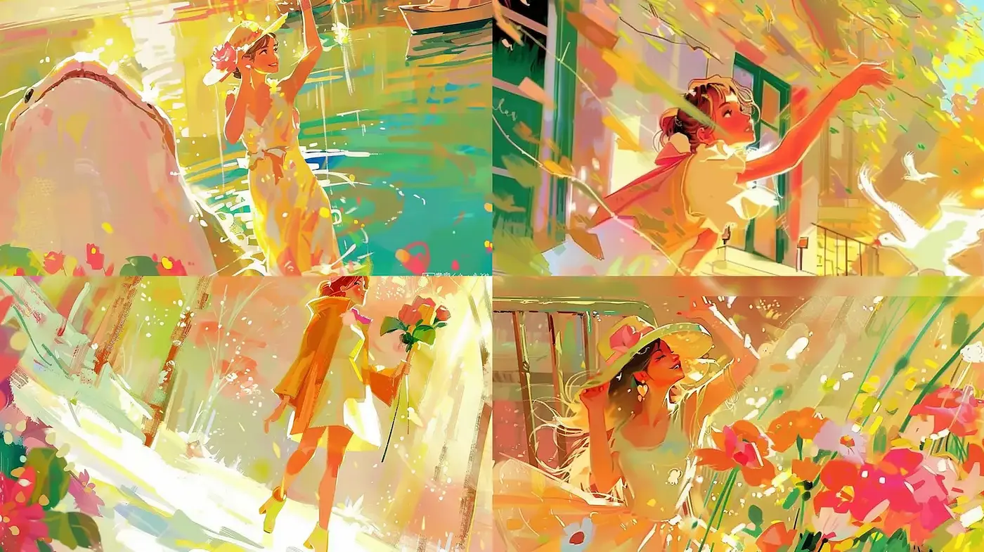 Bright and Lively Impressionistic Scenes with Floral Elements - Midjourney sref style