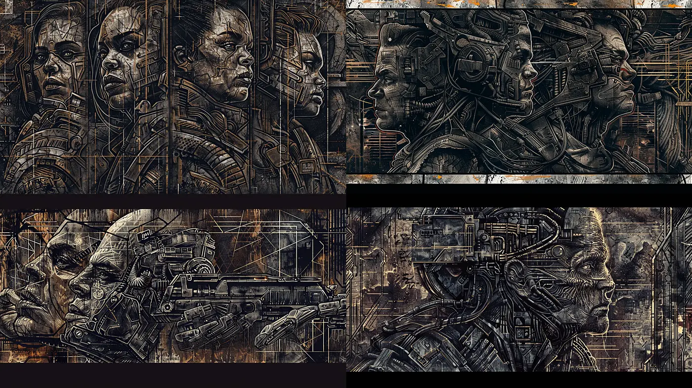 Industrial Cybernetic Tapestry: A Fusion of Mechanical and Human Forms - Midjourney sref style