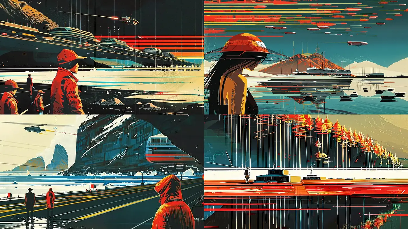 Glitch Infused Digital Panoramas with a Cinematic Lens - Midjourney sref style