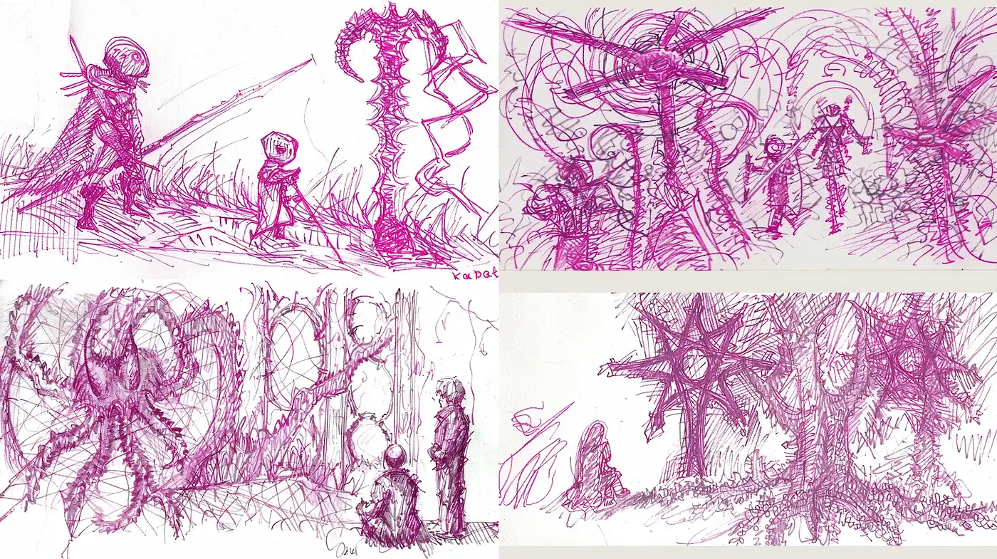 Whimsical and Surrealistic Ink Illustrations with Cosmic Influences - Midjourney sref style