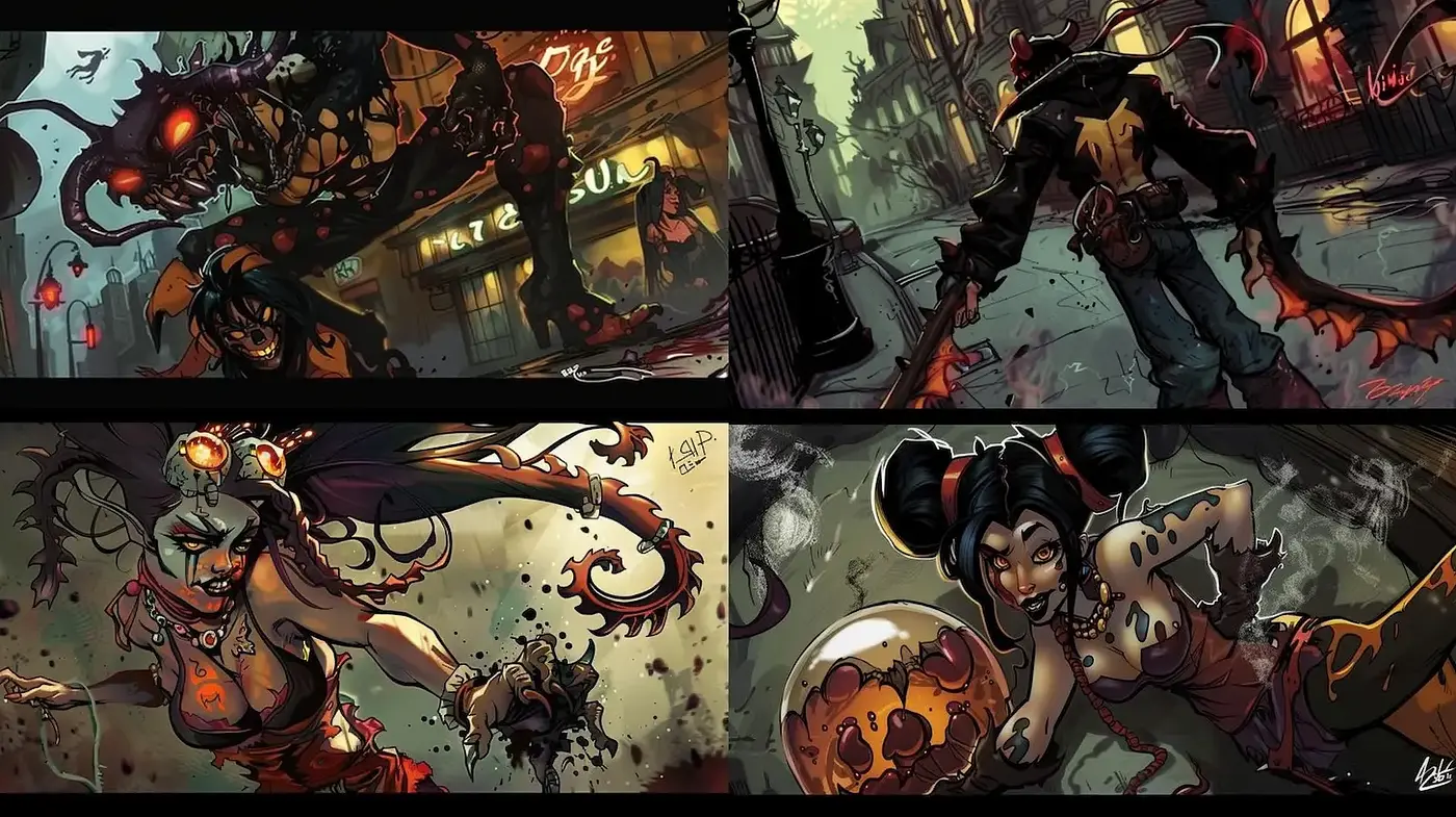 Dark and Dynamic Urban Fantasy with a Comic Book Aesthetic - Midjourney sref style