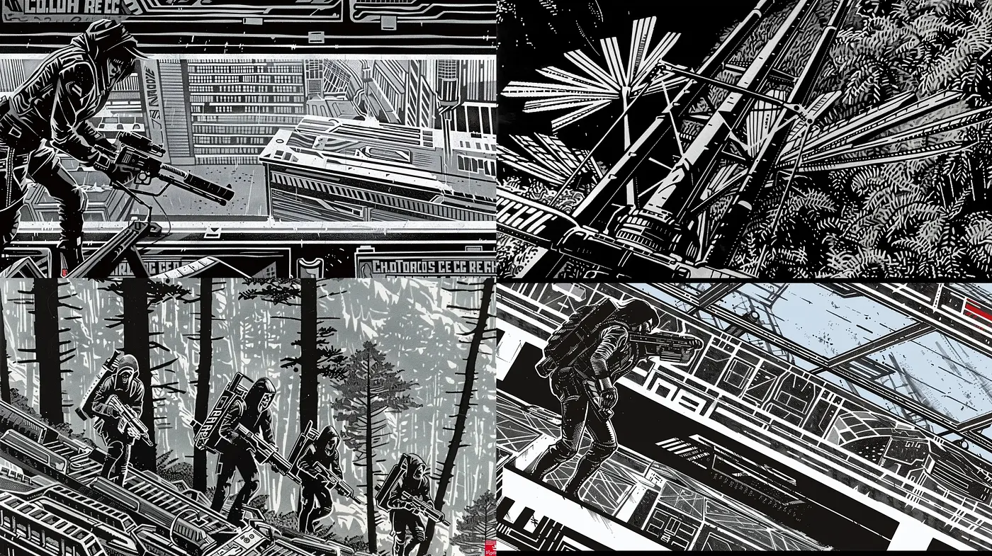 Monochromatic Futuristic Intricacy: A Study in High-Contrast Graphic Novel Style - Midjourney sref style