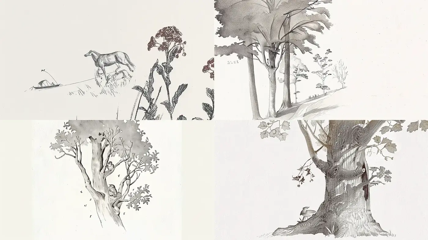 Elegant monochrome illustration with nature themes - Midjourney sref style