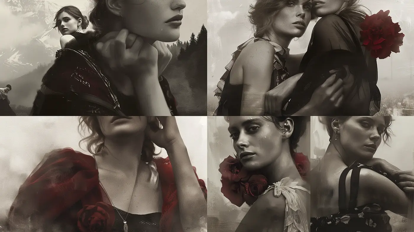 Ethereal Monochromatic Dreamscape with a Splash of Crimson Passion - Midjourney sref style