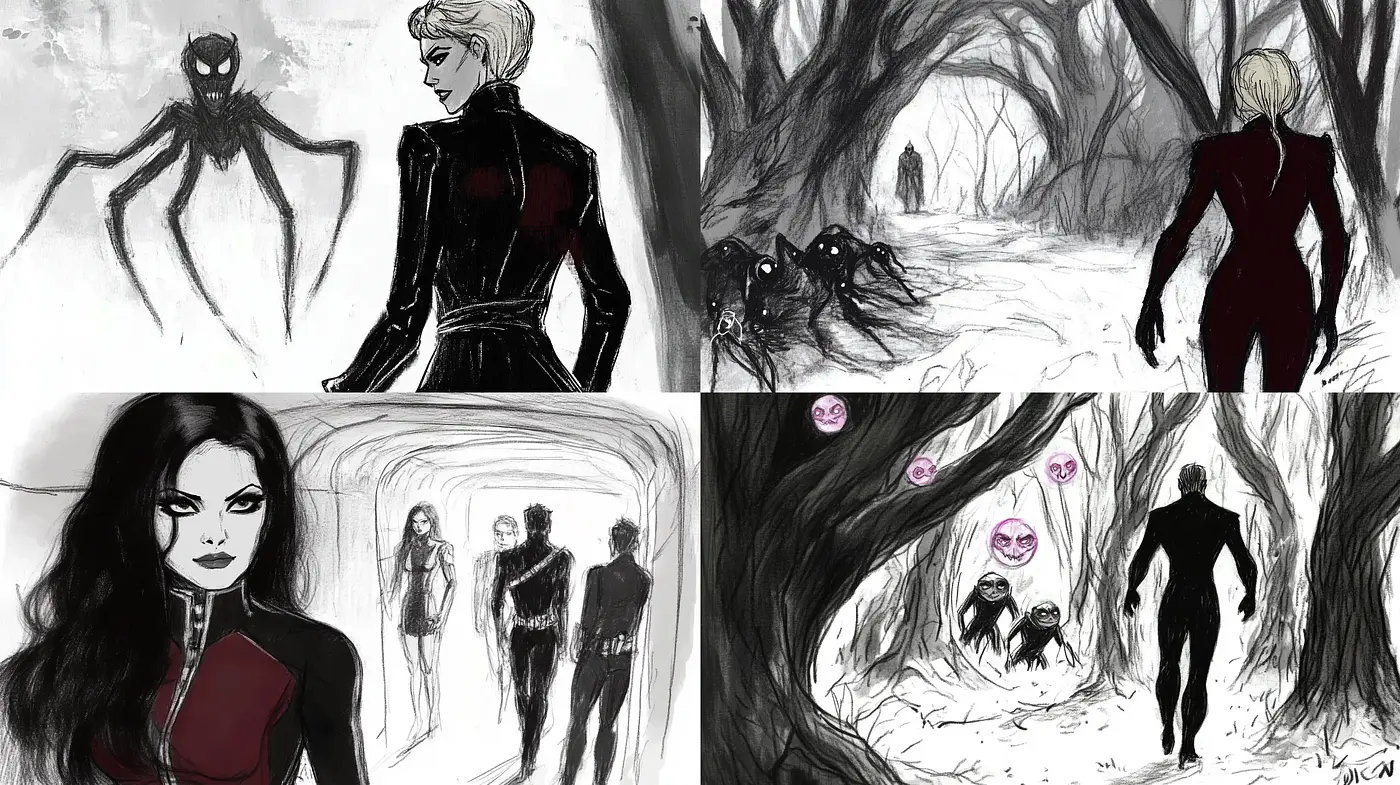 Gothic Noir Panache with a Haunting Monochrome Essence - Midjourney sref style