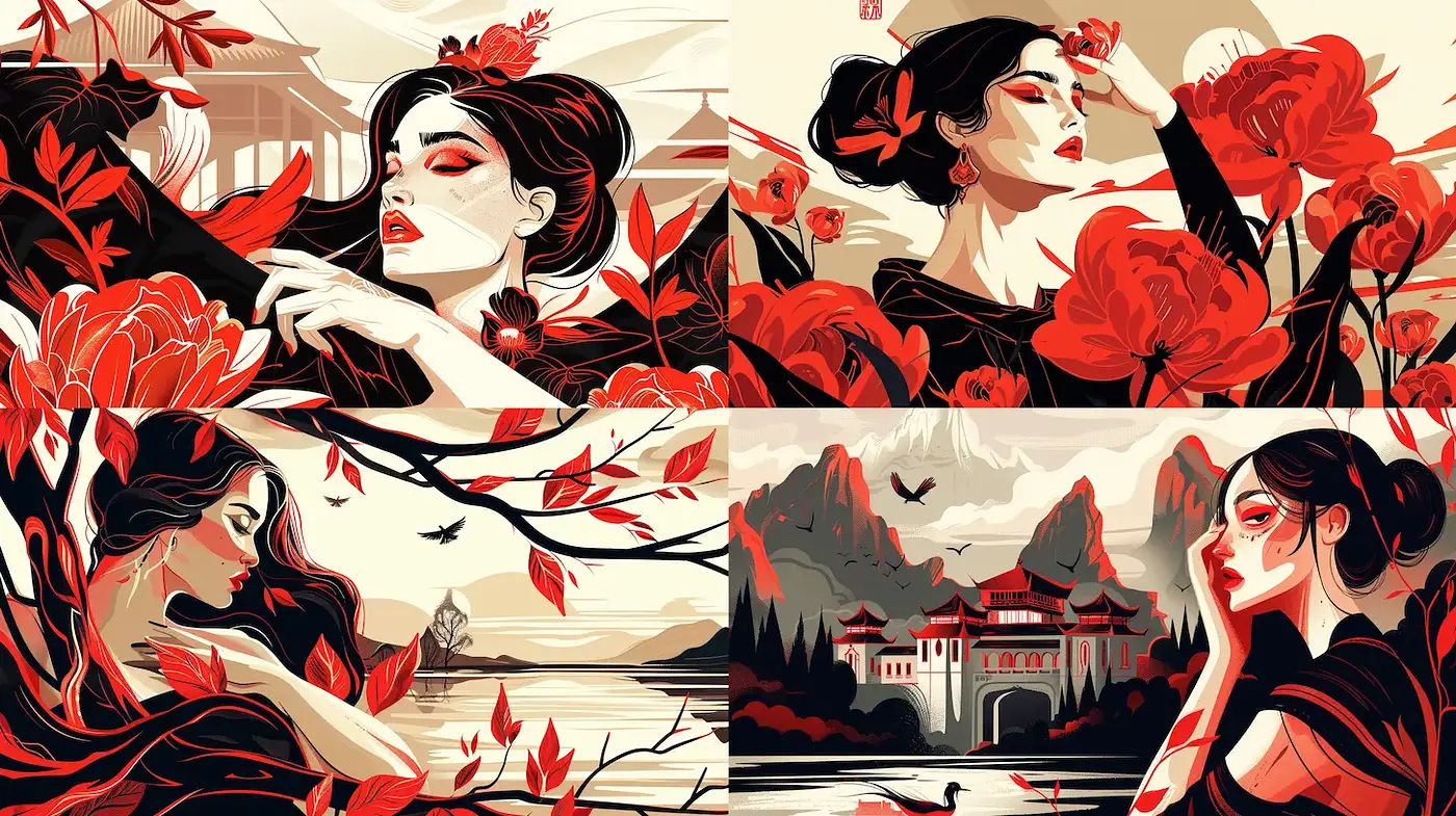 Elegant and Dramatic Illustrations with Rich Cultural Undertones - Midjourney sref style