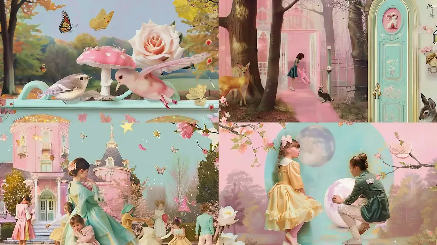 Enchanting pastel fantasy landscapes with whimsical elements - Midjourney sref style