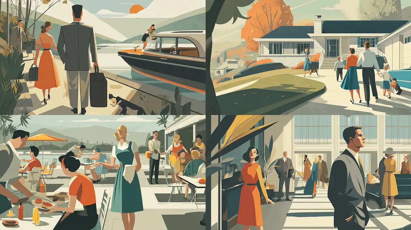 Mid-Century Modern Illustrations with Nostalgic Vibes and Simplified Forms - Midjourney sref style
