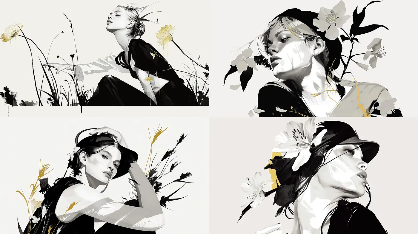 Monochrome Elegance with Floral Contrasts - Midjourney sref style