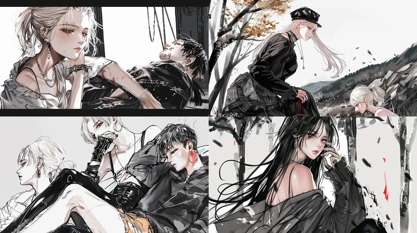 Monochromatic Elegance with Pops of Red: A Harmonized Blend of Anime and Ink Wash Aesthetics - Midjourney sref style