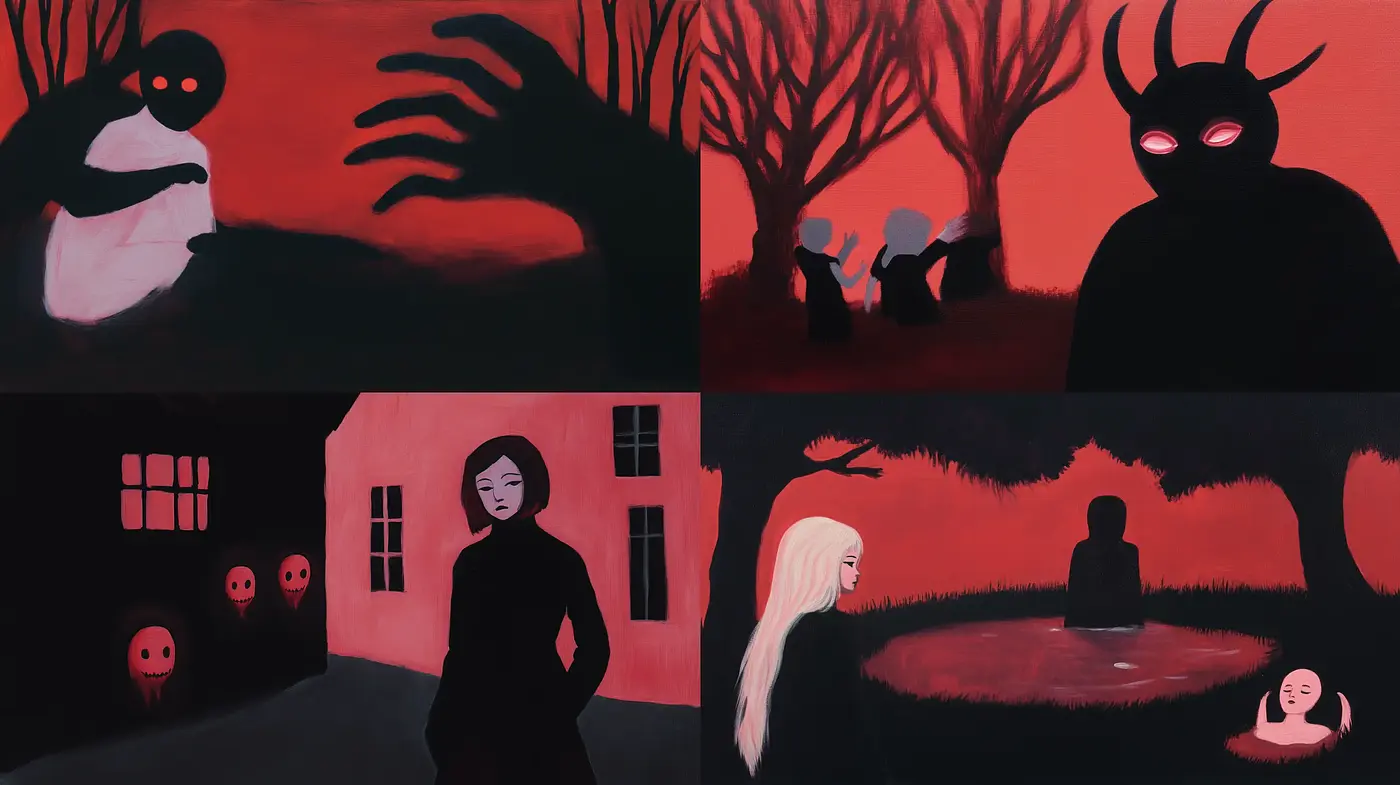 Eerie Crimson Shadows: A Homage to Emotional Surrealism - Midjourney sref style