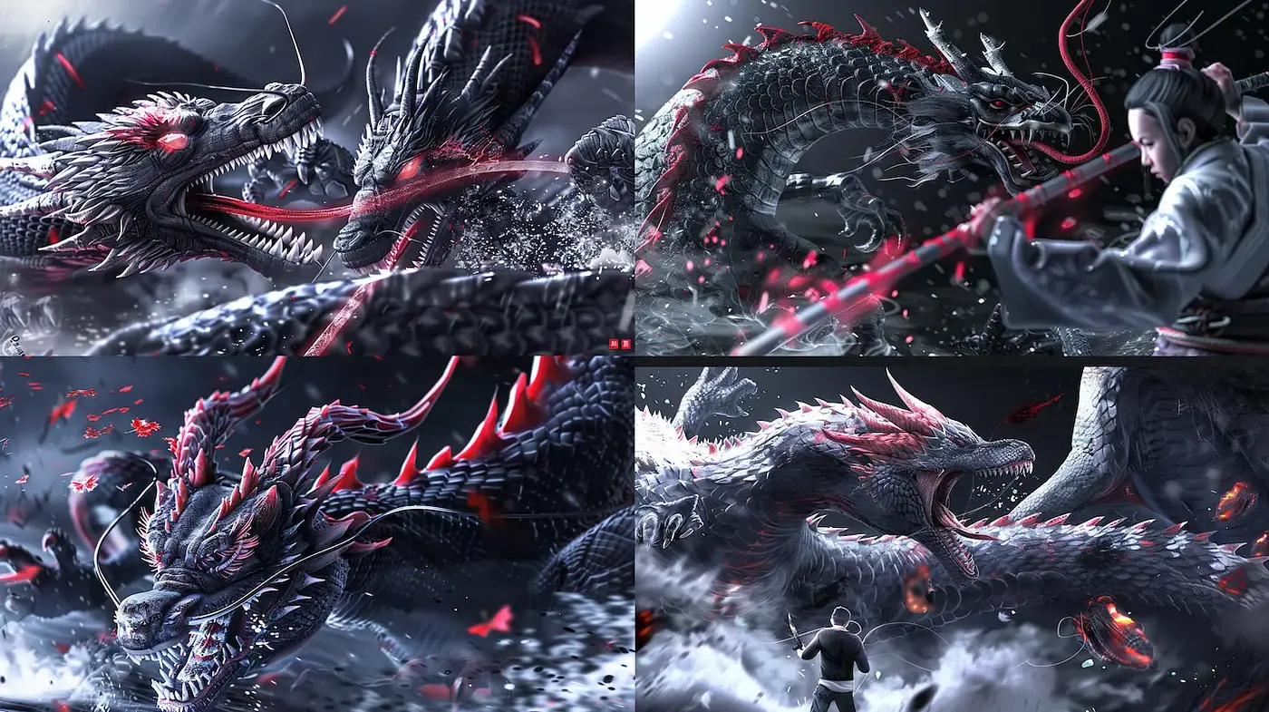 Dramatic and Mythical Dragon Combat in High-Detail Fantasy Art - Midjourney sref style